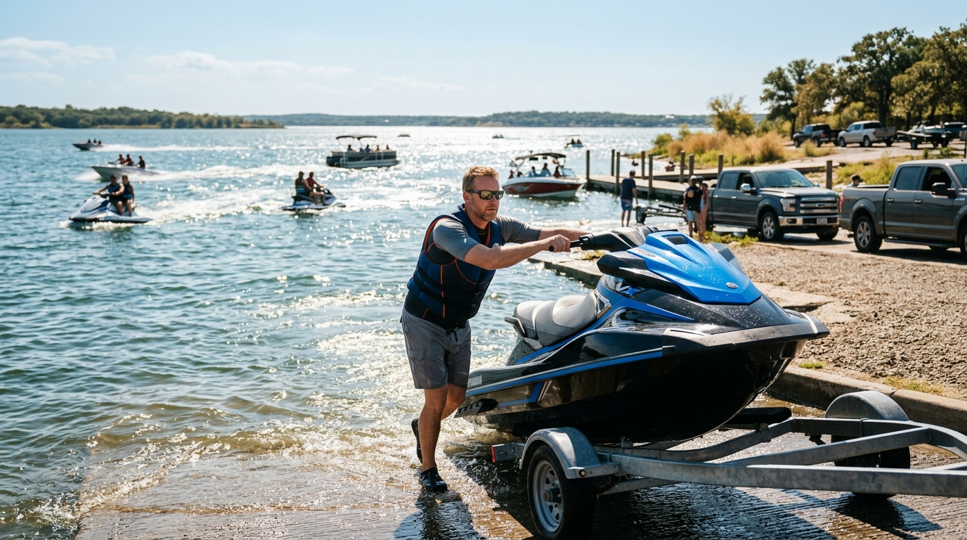 Jet Ski rider on a busy Texas lake on a sunny summer afternoon with trees and a dock in the background