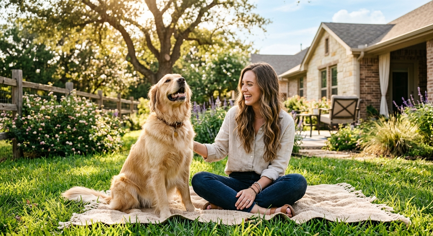 A happy golden retriever dog sitting in a sunny Texas backyard with its owner kneeling beside it