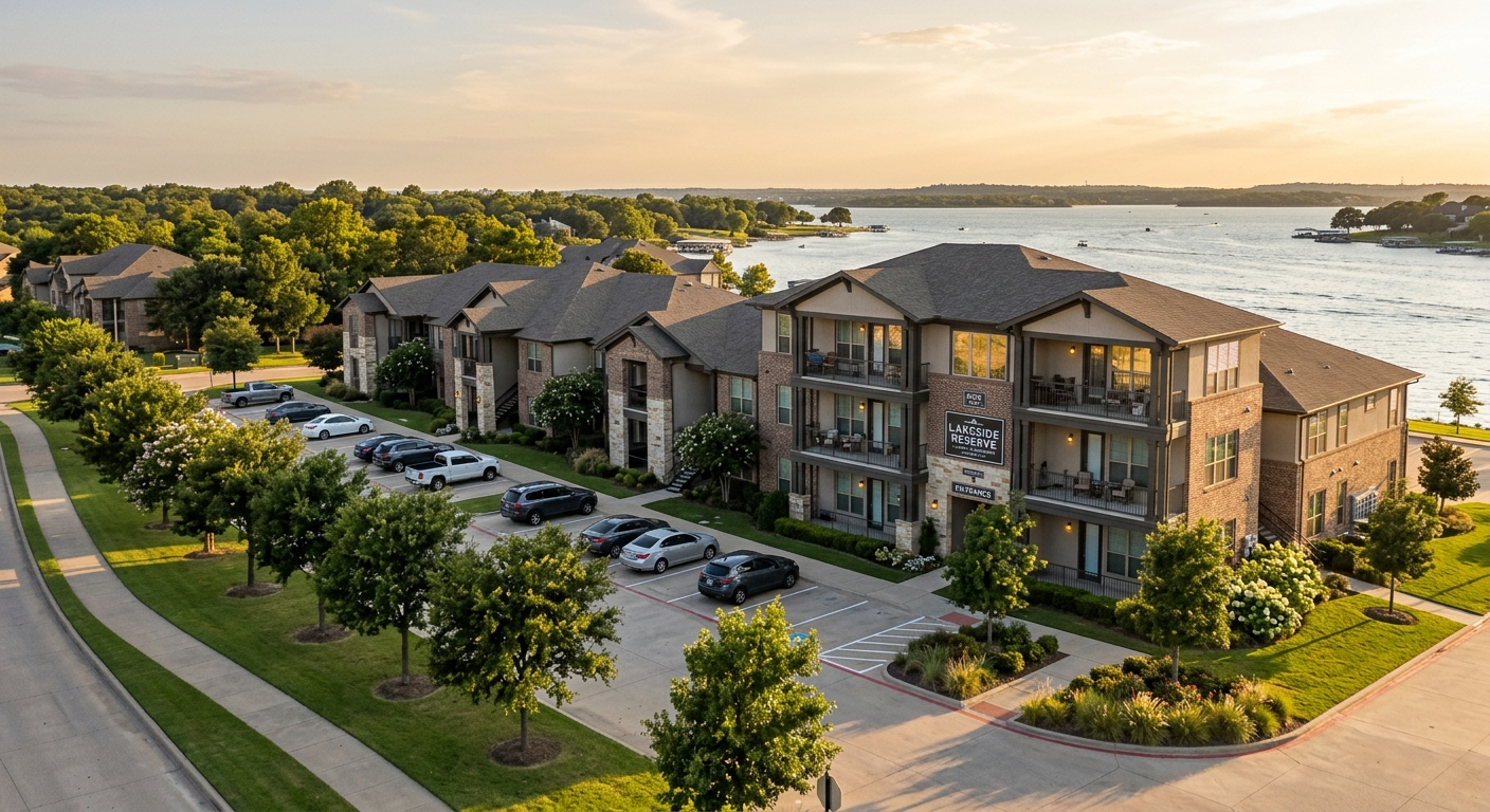 Apartment complex exterior in Corinth Texas on a sunny day with clear blue sky and green landscaping