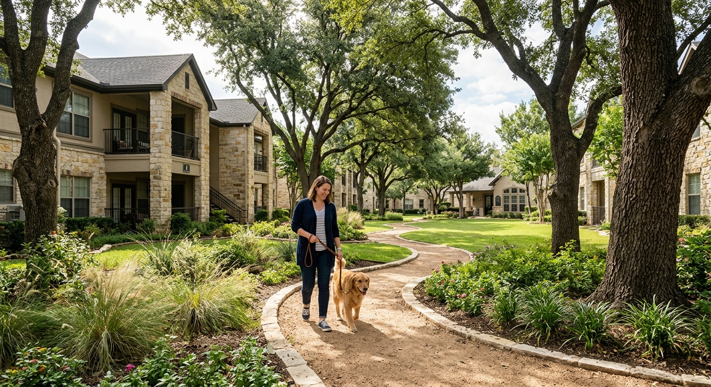 Modern apartment complex exterior in Keller Texas on a sunny day with green landscaping and a blue sky