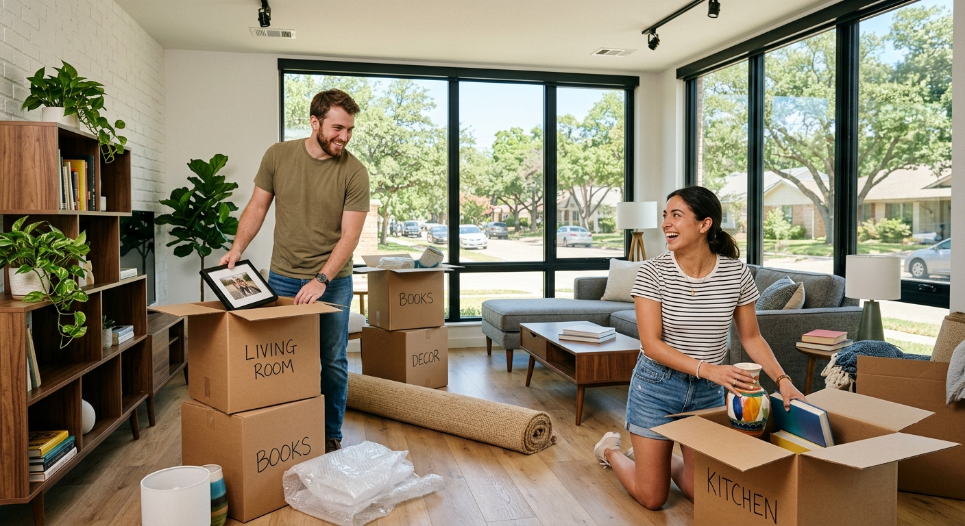 Renter unpacking boxes in a Roanoke Texas apartment with afternoon light through the windows