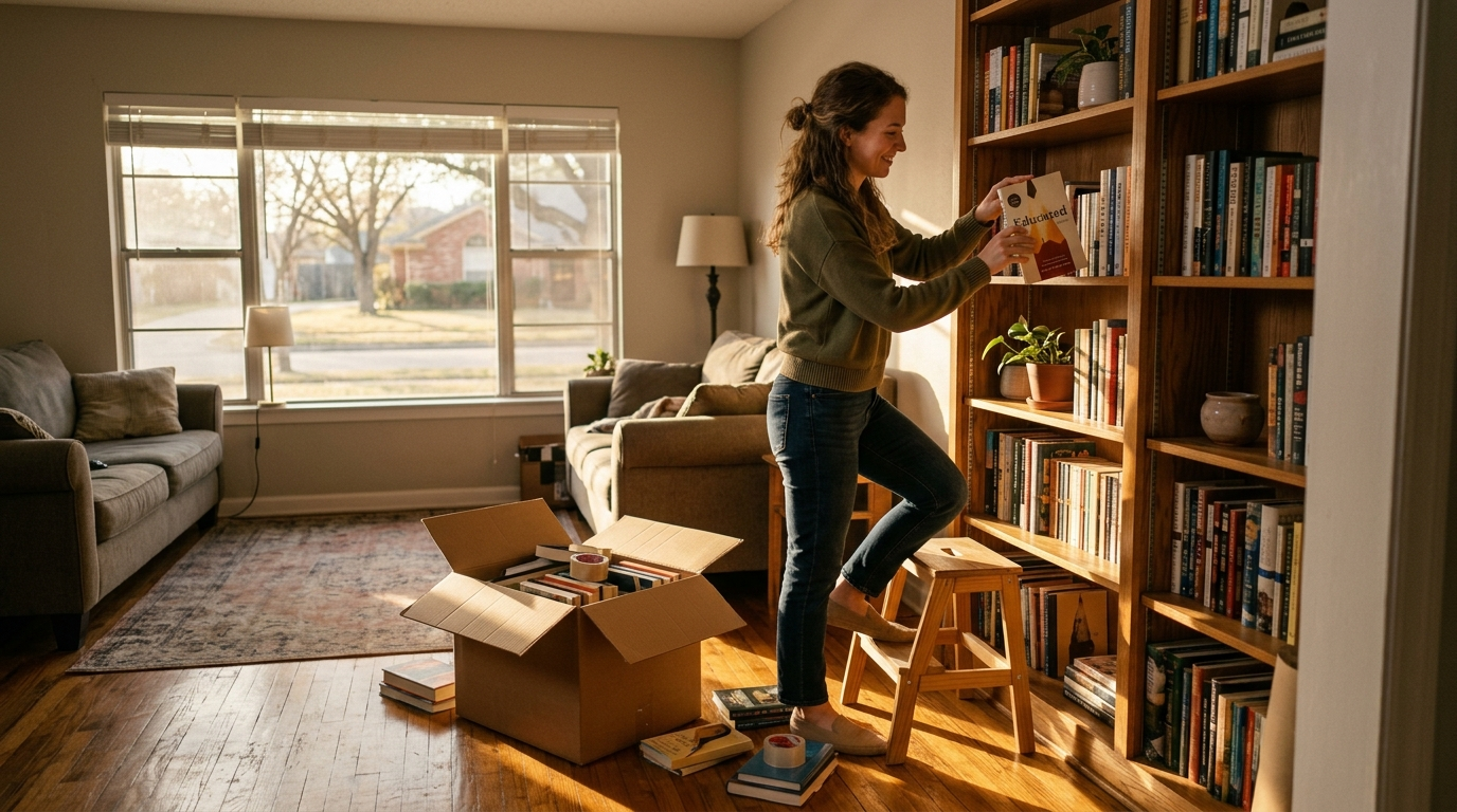 Young woman reviewing renters insurance documents at a kitchen table in a modern Saginaw, TX apartment