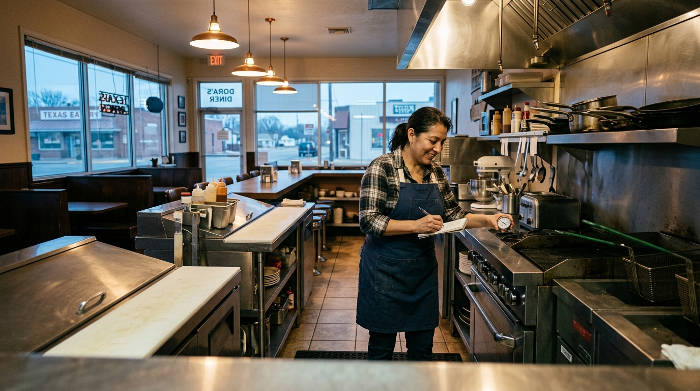 A bustling Texas restaurant kitchen with chefs at work, stainless steel equipment, and warm overhead lighting