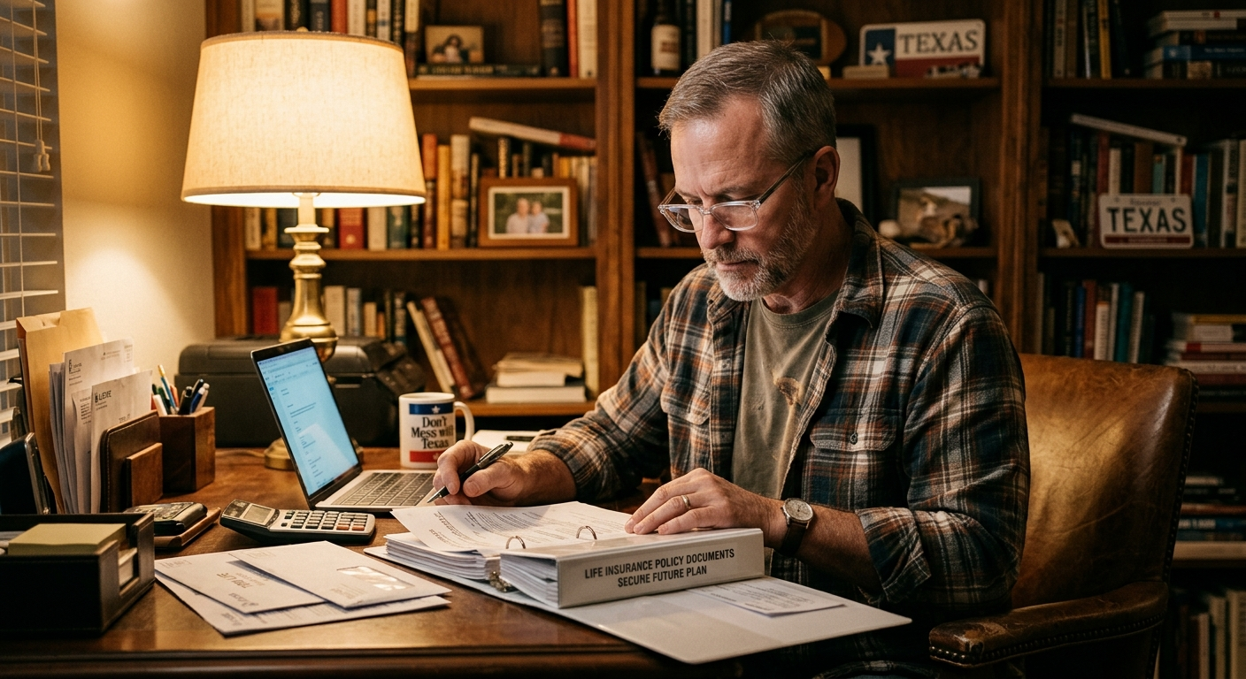 Family sitting at a kitchen table reviewing life insurance documents with an agent in a North Texas home