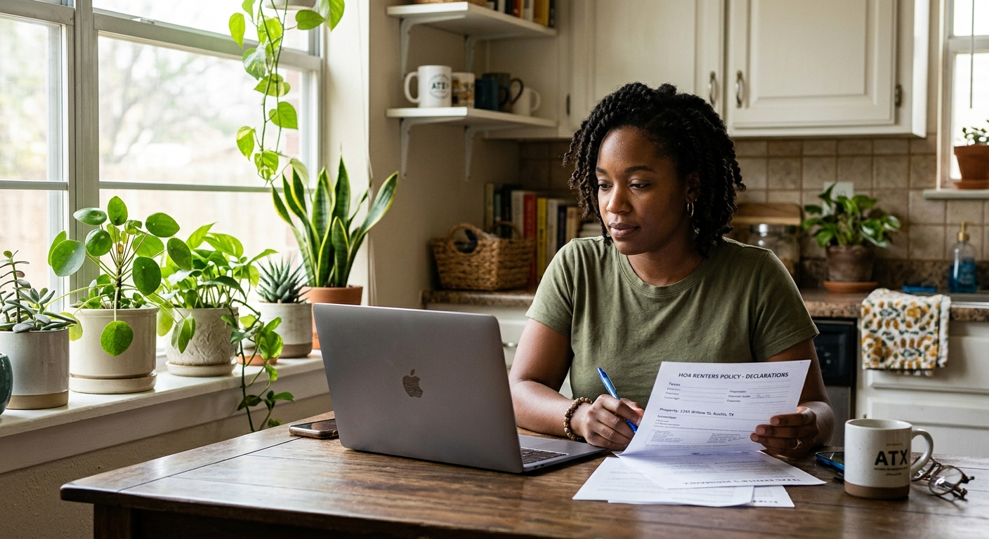 Young woman sitting on apartment floor surrounded by moving boxes, reviewing documents on a laptop in a bright DFW rental