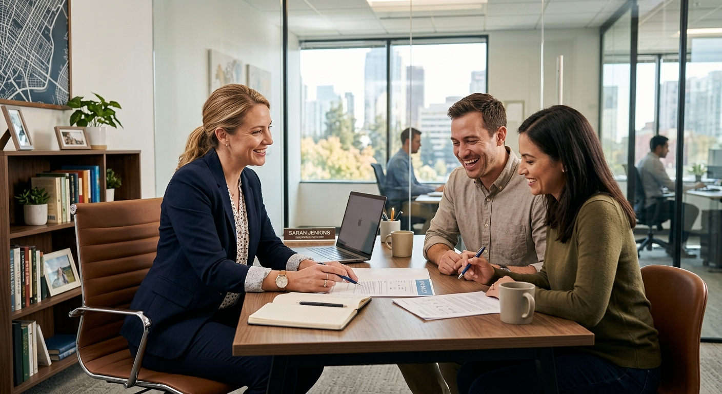 Independent insurance agent in a DFW office reviewing policy options with a Texas homeowner couple at a desk