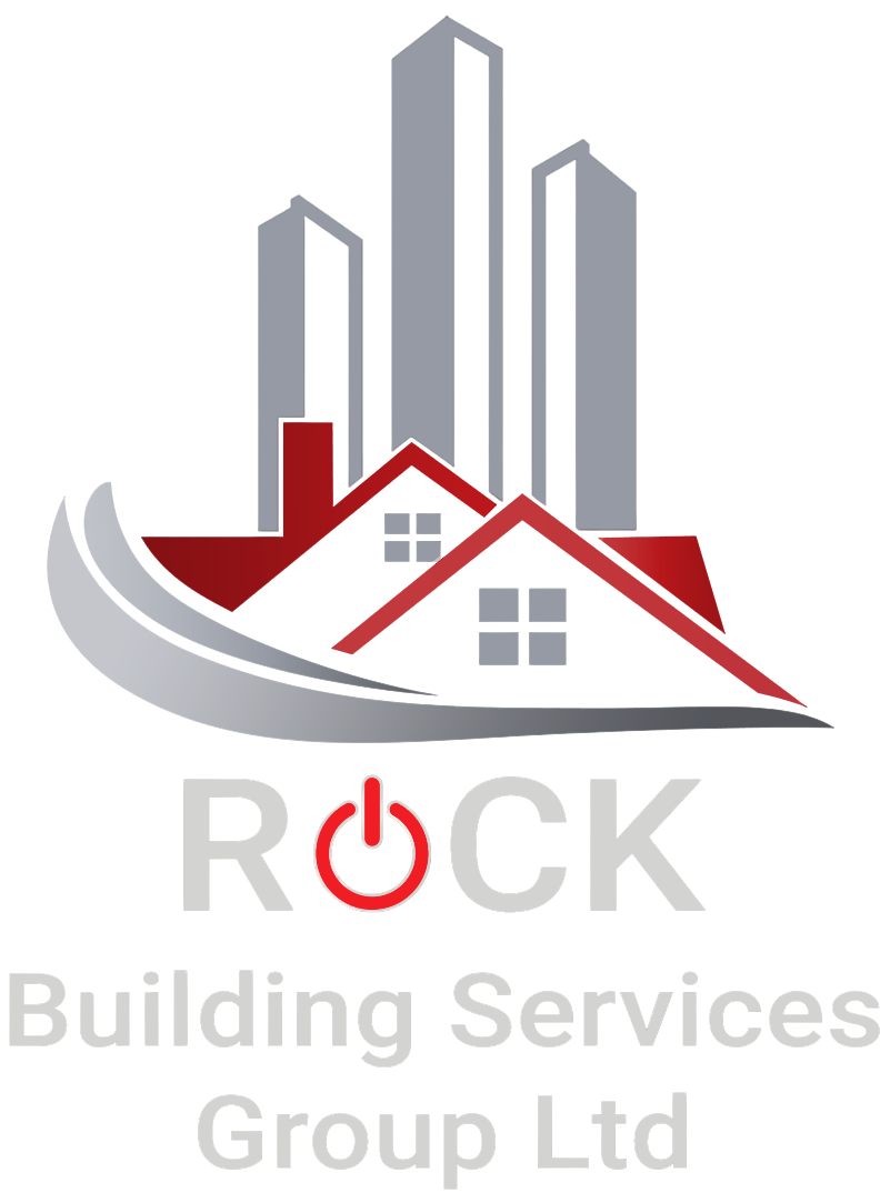 Logo for Rock Building Services Group Ltd: stylized gray skyscrapers behind a red house roof and a red power button in O.