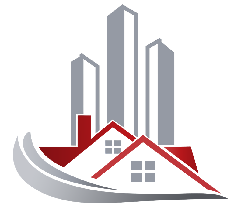 A logo featuring three gray skyscrapers behind two overlapping white houses with red roofs, framed by a curved gray line.