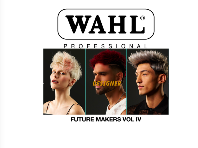 Pubblicità di Wahl Professional: un barbiere che taglia i capelli a una cliente, sotto lo sguardo di un'altra persona, in un salone.