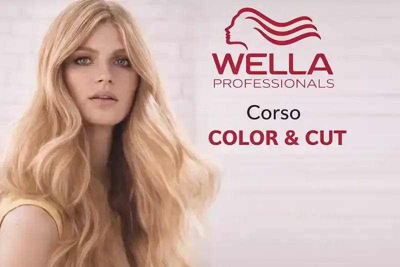 Donna con lunghi capelli biondi, pubblicità Wella Professionals, sovrapposizione del testo