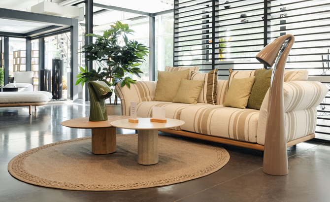 A light-filled room with a cozy sofa, wooden divider, and woven hanging chair; modern and airy design.