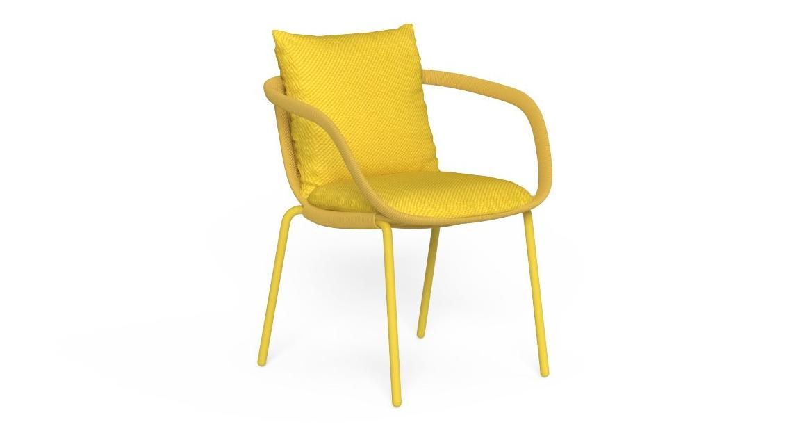 Yellow outdoor chair with a woven back and seat, with a matching cushion.