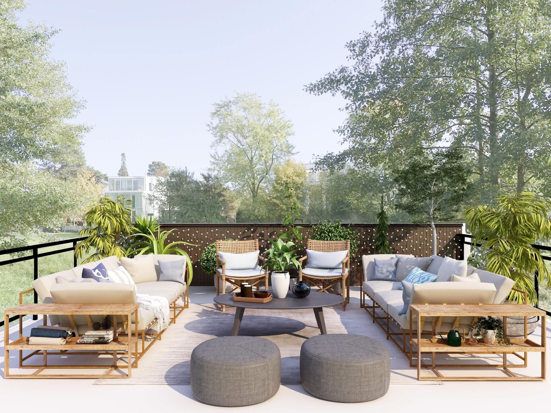 A balcony with a couch , chairs , ottomans and a coffee table.