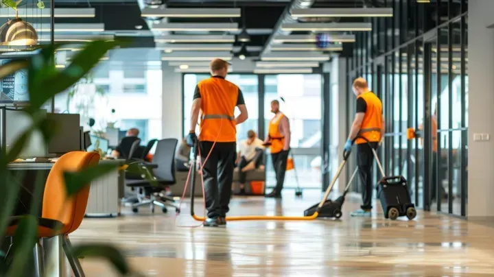 A group of men are cleaning the floor of an office building.