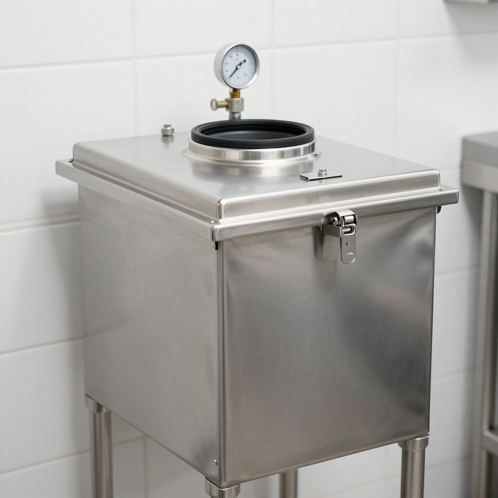 Stainless steel industrial tank with pressure gauge and lid in a white tiled room