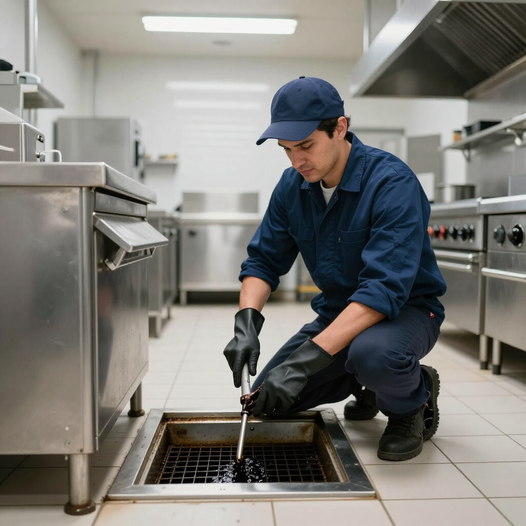 Worker in blue uniform cleaning a floor drain in a commercial kitchen