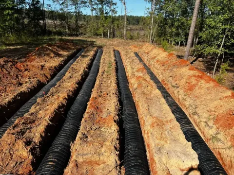 Trenches with black drainage pipes in a dirt field, surrounded by trees.