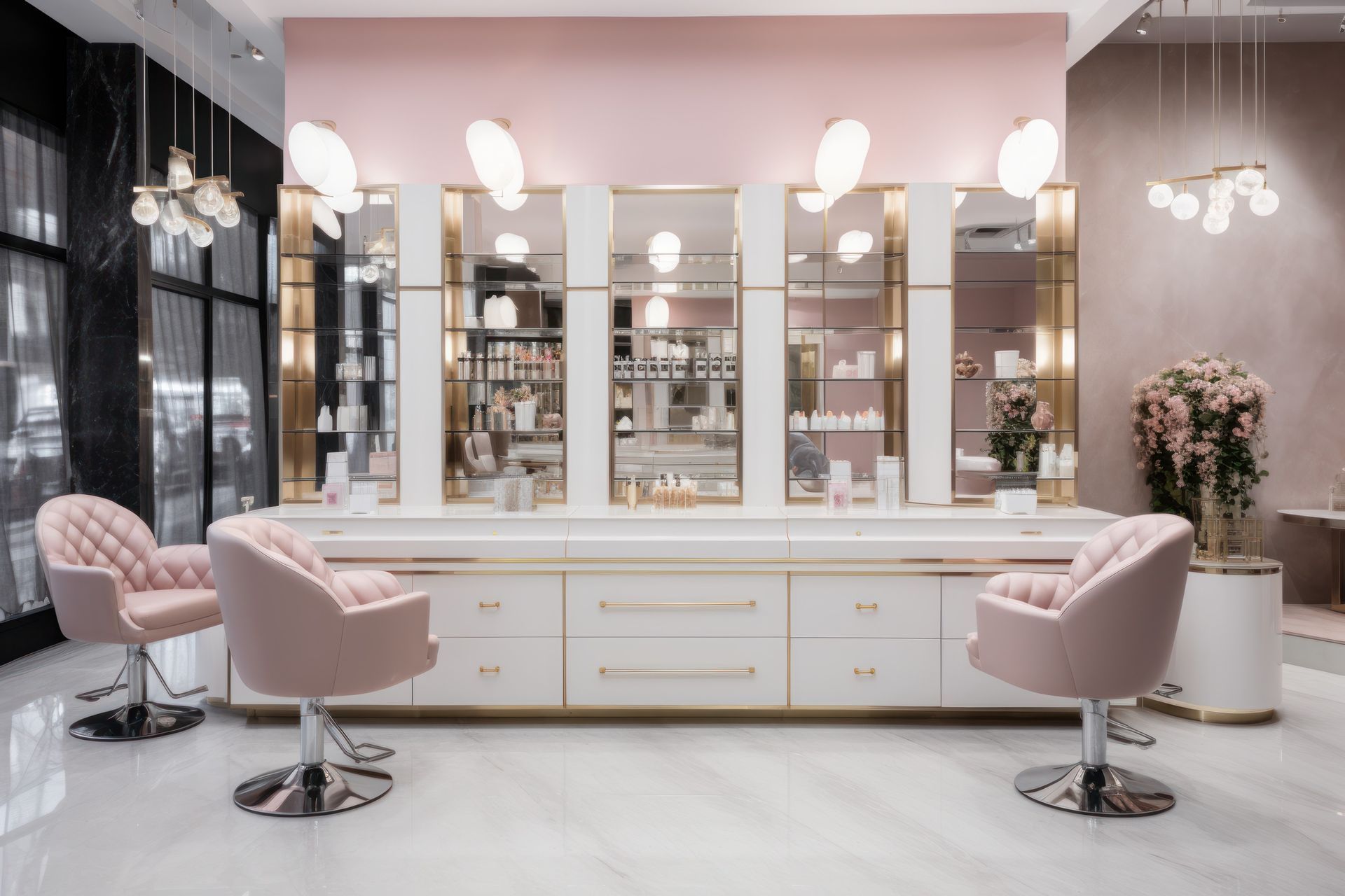 There are two chairs in the middle of the room in a salon.