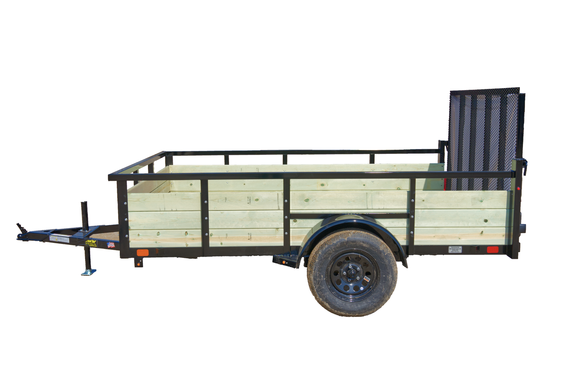 Side view of a green utility trailer with black trim and a spare tire on a white background