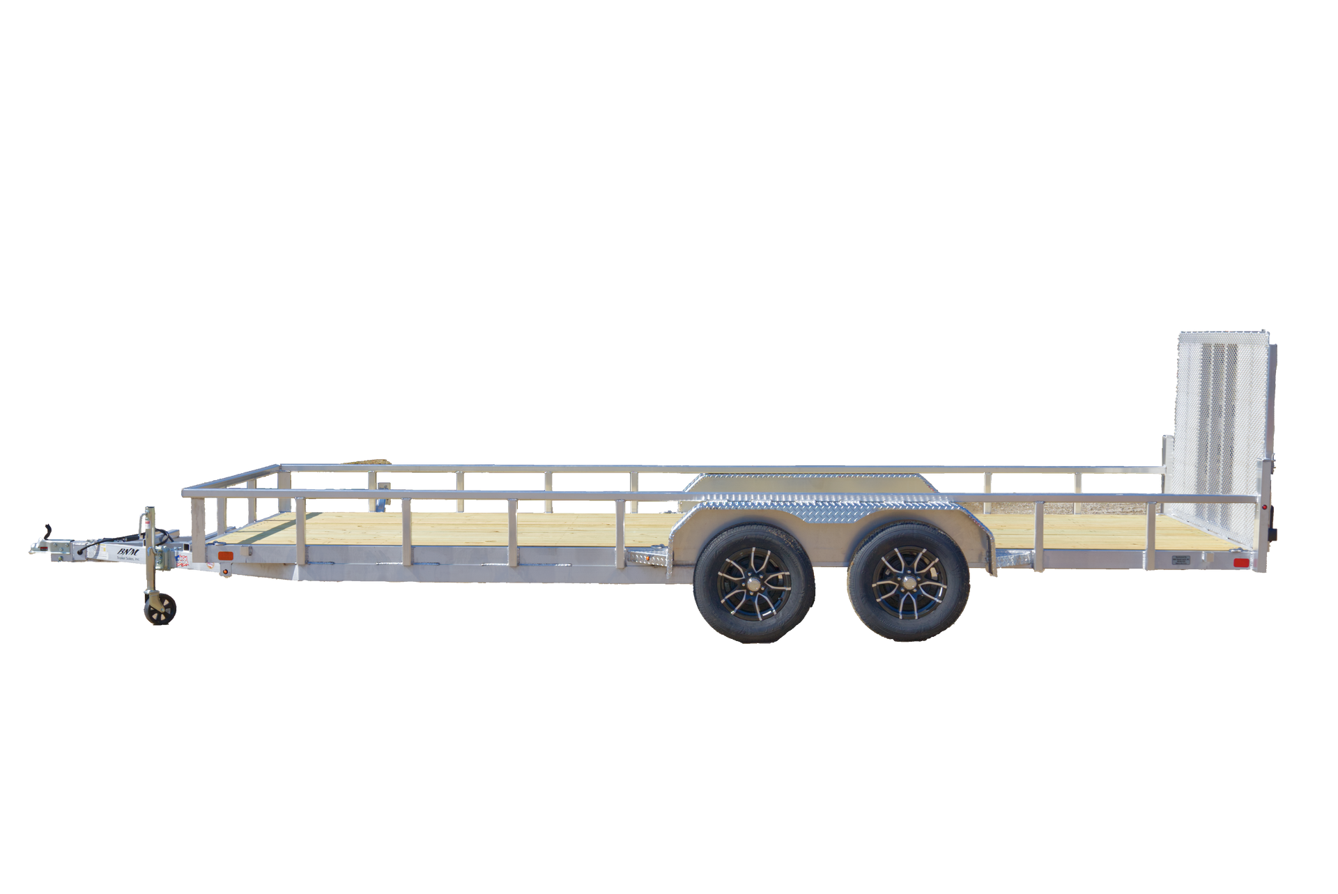 Flatbed utility trailer with dual axles, silver frame, and front hitch on a white background
