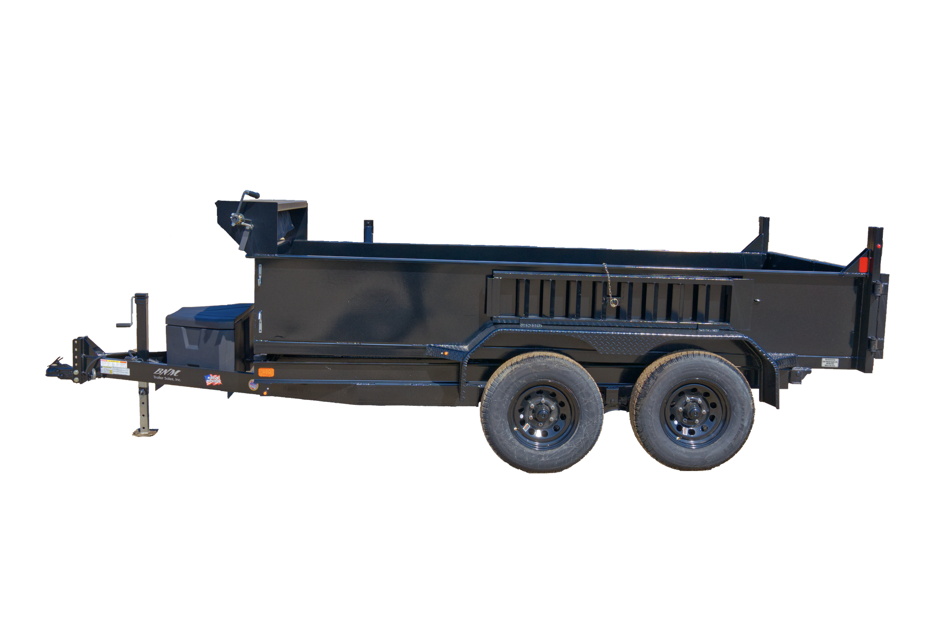 Black dump trailer with dual axles on a white background