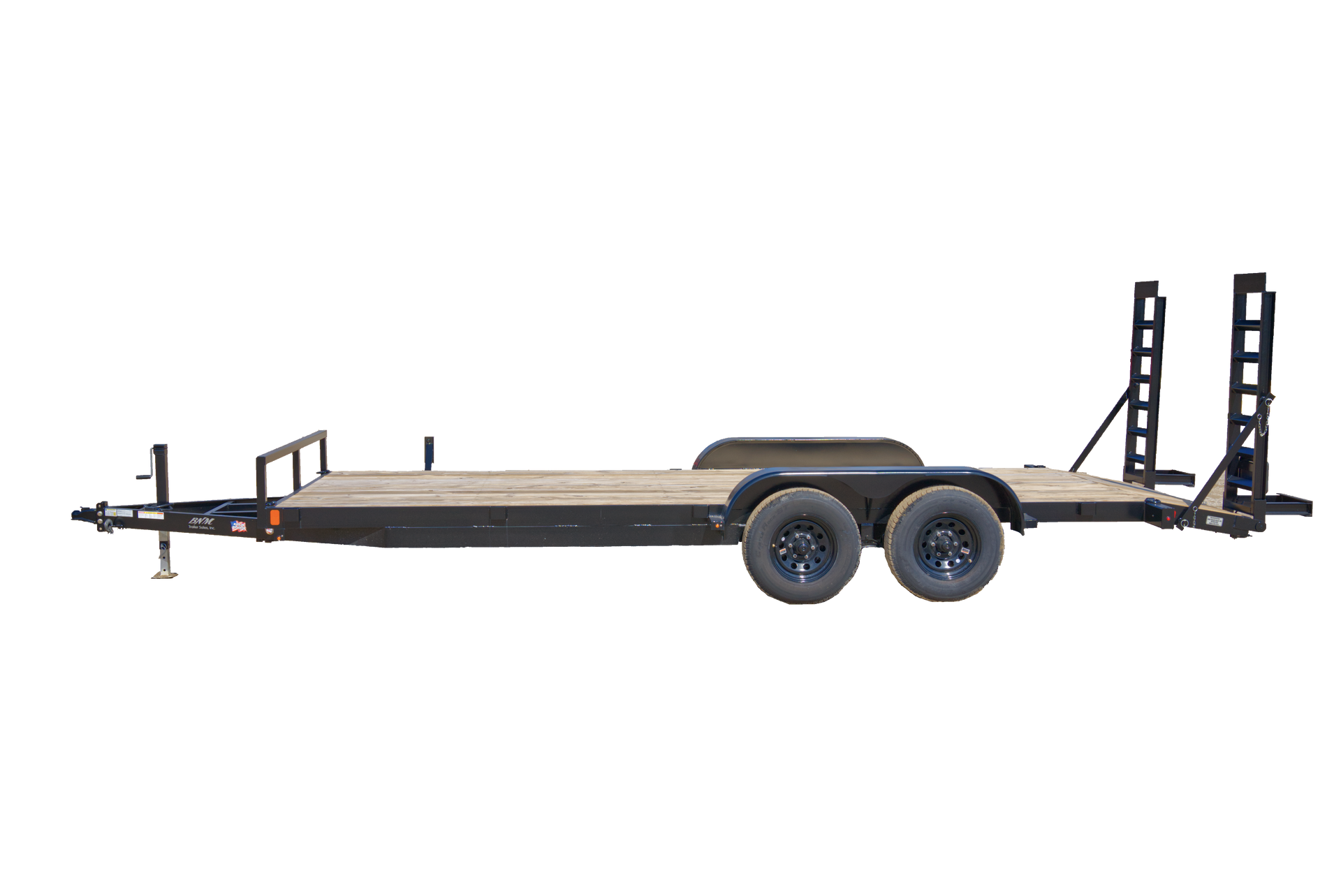Black flatbed utility trailer with dual axles and rear loading ramps, side view on white background