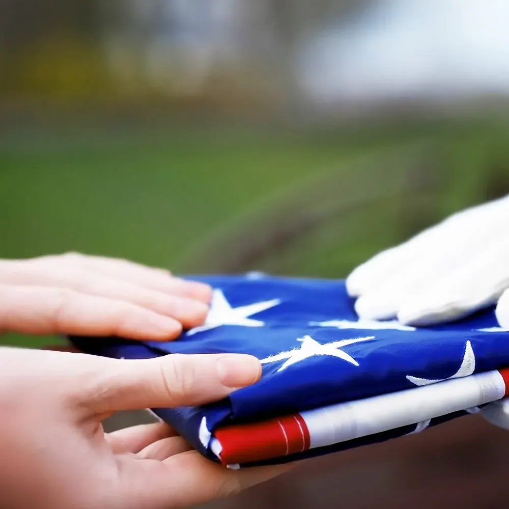 A person is holding an american flag in their hand