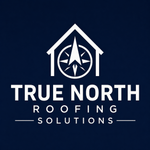 Logo for True North Build featuring a white house outline containing a compass pointing north on a dark blue background.