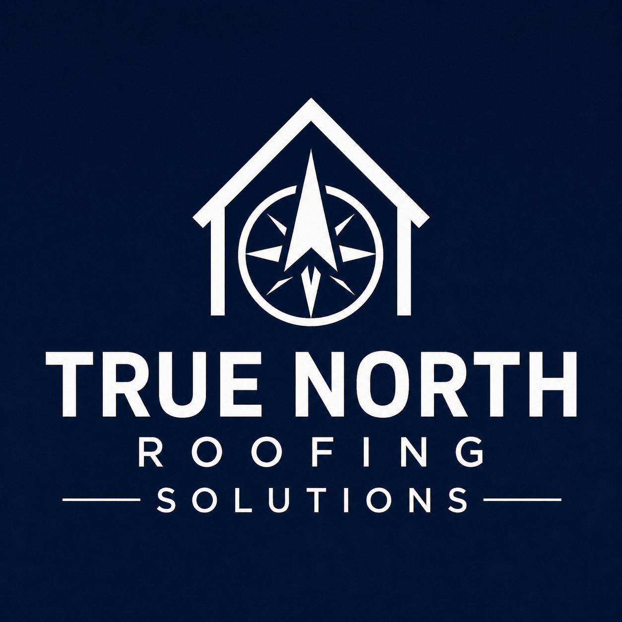 Logo for True North Build featuring a white house outline containing a compass pointing north on a dark blue background.