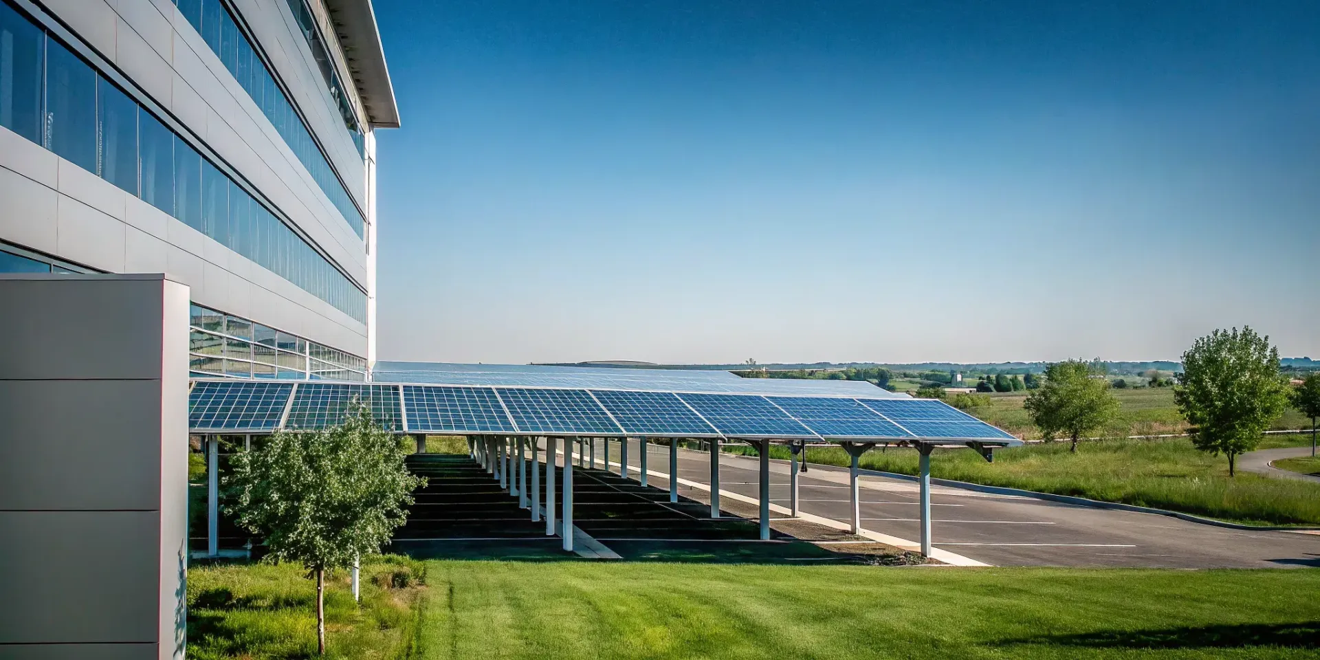 Commercial solar panels installed on a modern hotel carport canopy with guest parking spaces on a br