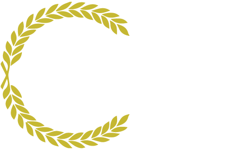 Gold laurel wreath forming a capital C on a white background