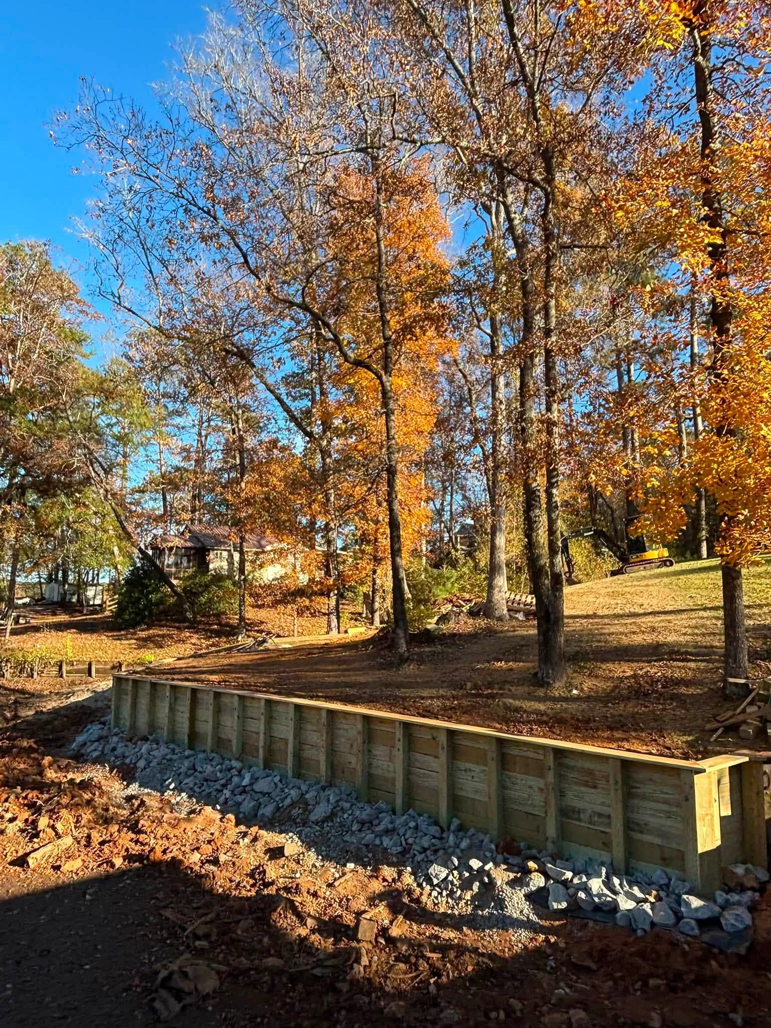 Autumn trees with orange leaves along a stone-lined path under a clear blue sky