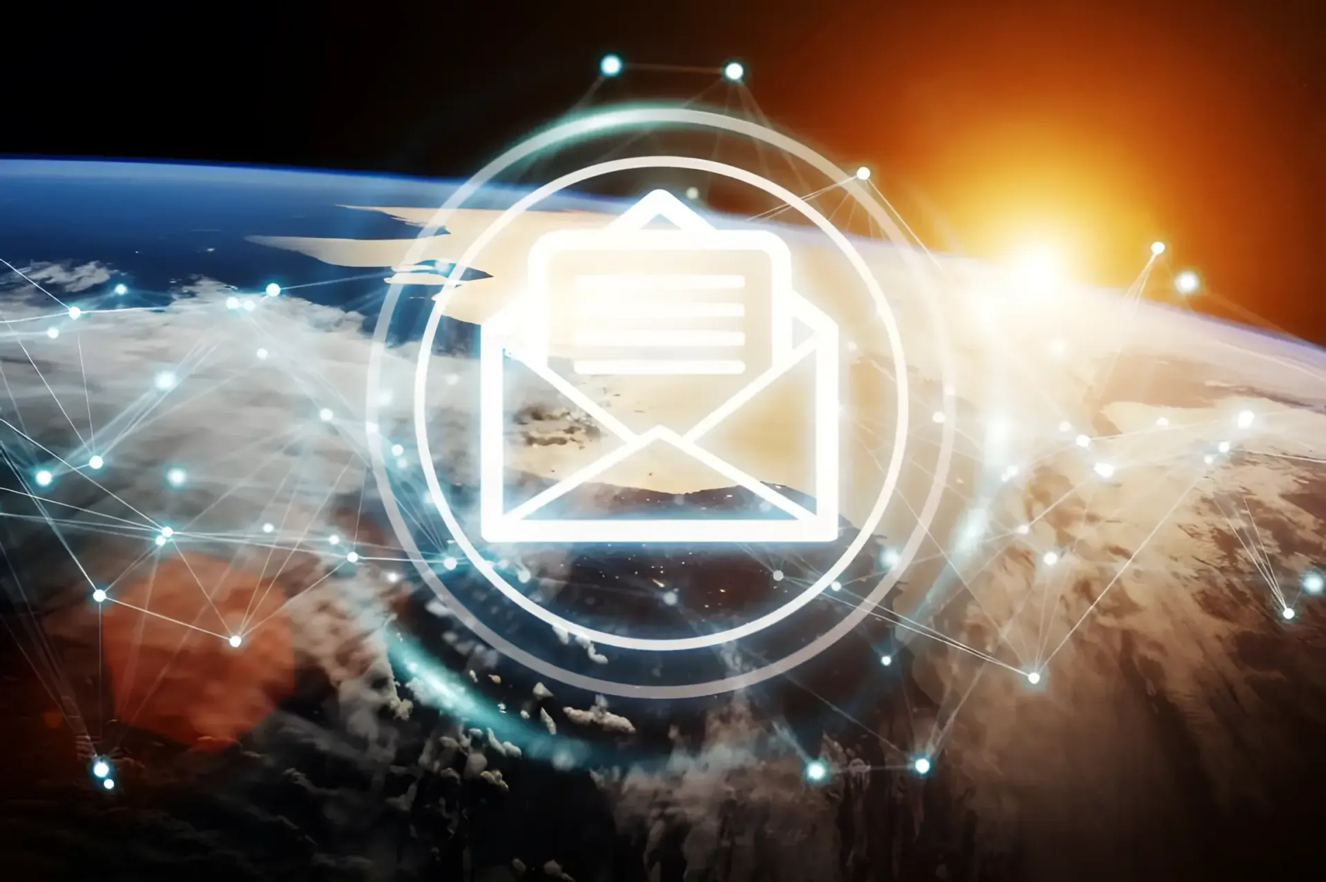 Glowing email envelope icon over Earth with digital network rings and sunrise on the horizon
