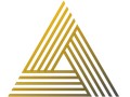 Gold and brown striped triangular abstract logo on a white background