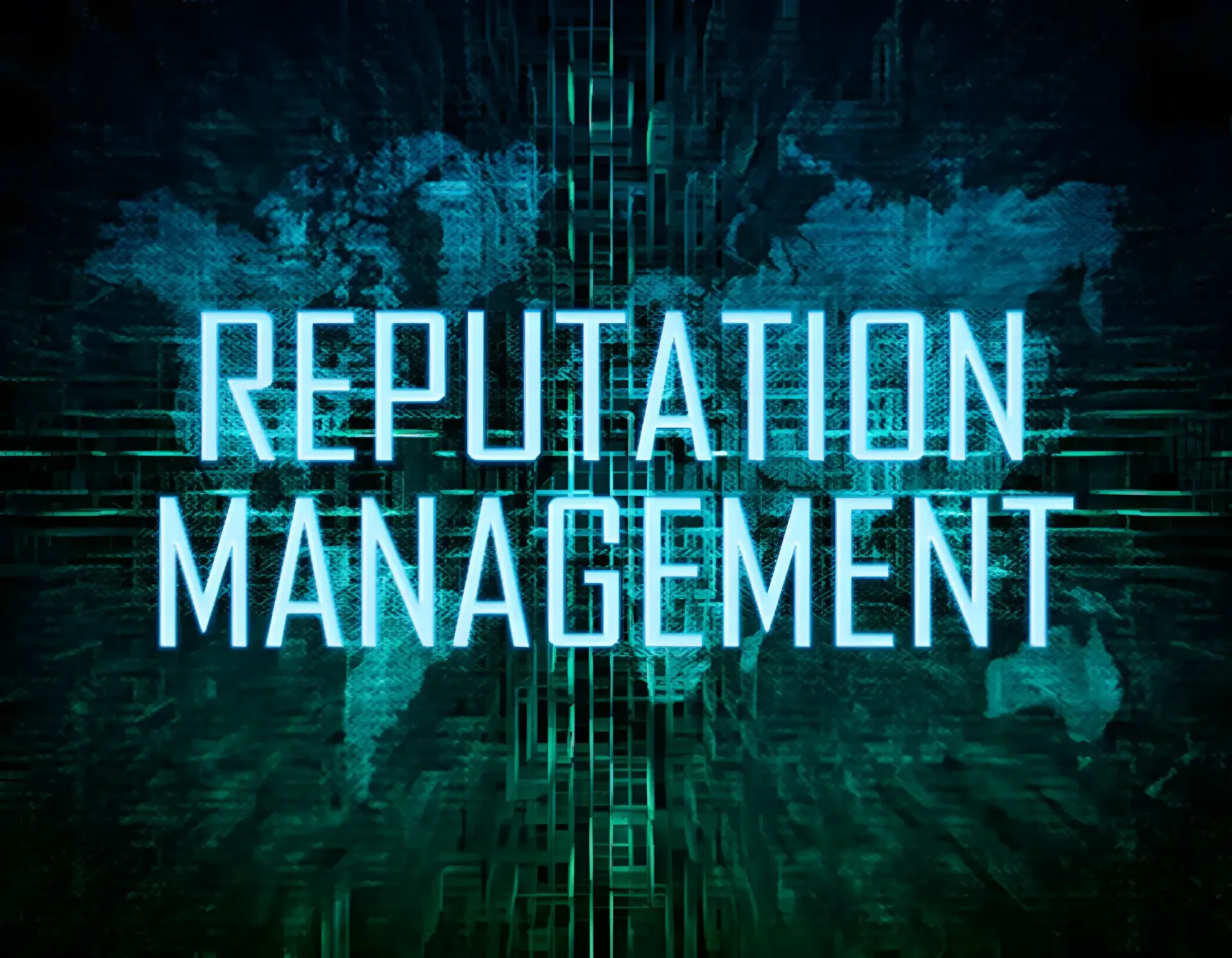 Neon blue text “REPUTATION MANAGEMENT” on a dark abstract tech background