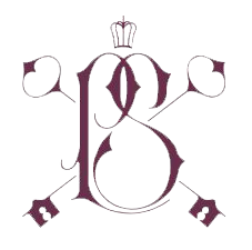 Decorative monogram logo with a stylized letter B and crossed keys in dark teal on white