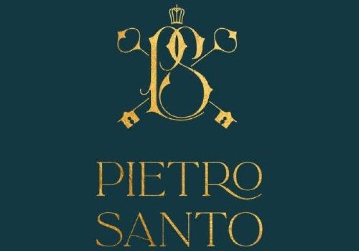 Gold “PIETRO SANTO” logo on dark teal background with decorative monogram and crown