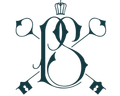 Stylized dark teal letter B with crown and crossed key-like symbols on white background