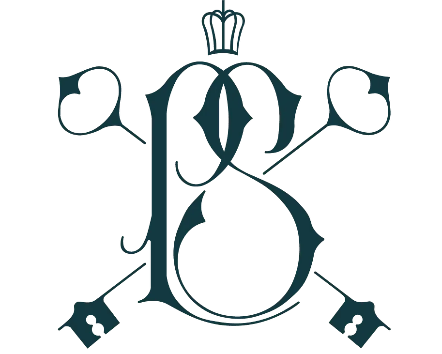 Decorative monogram logo with a stylized letter B and crossed keys in dark teal on white