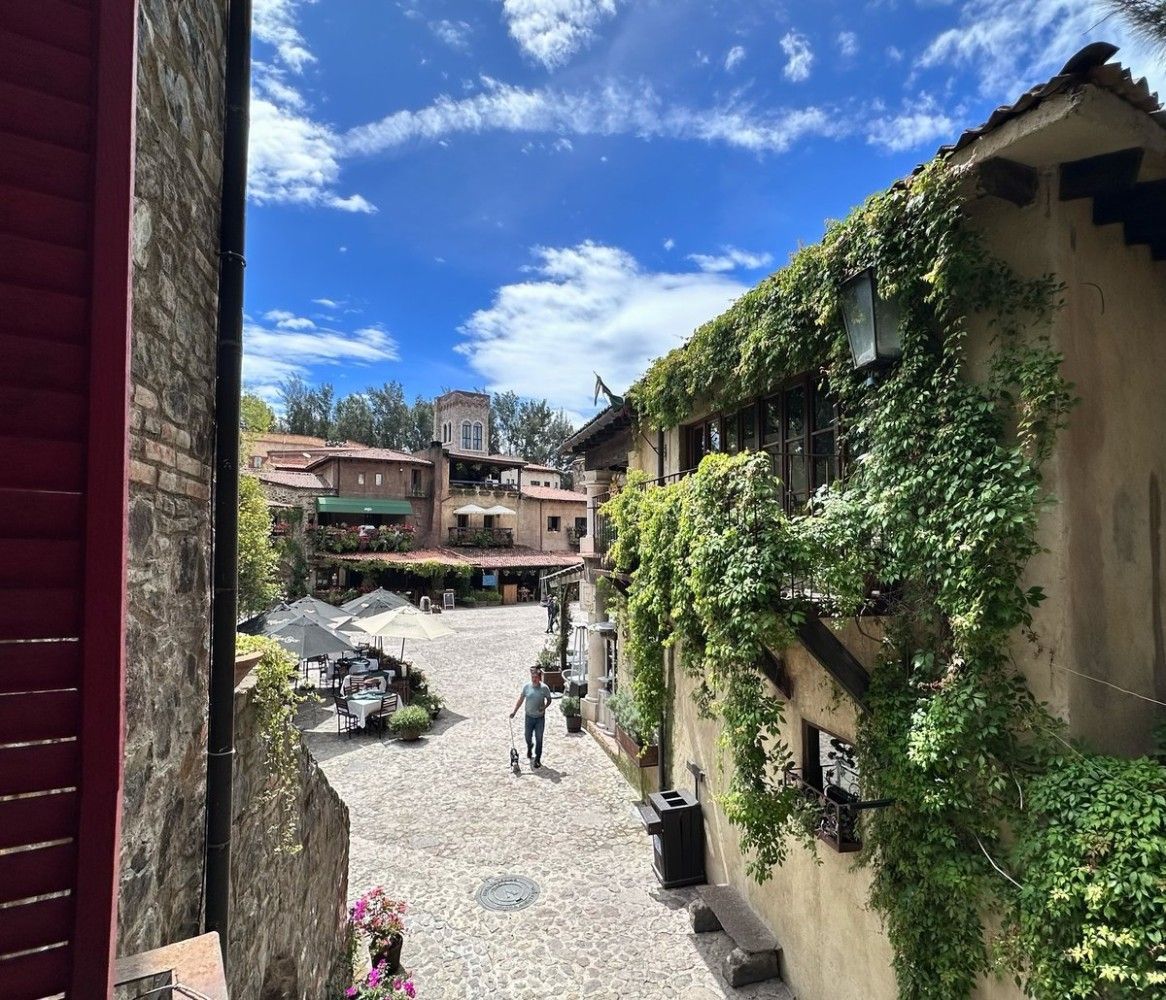 Stone courtyard under blue sky, with ivy-covered buildings and a few people walking in the center.