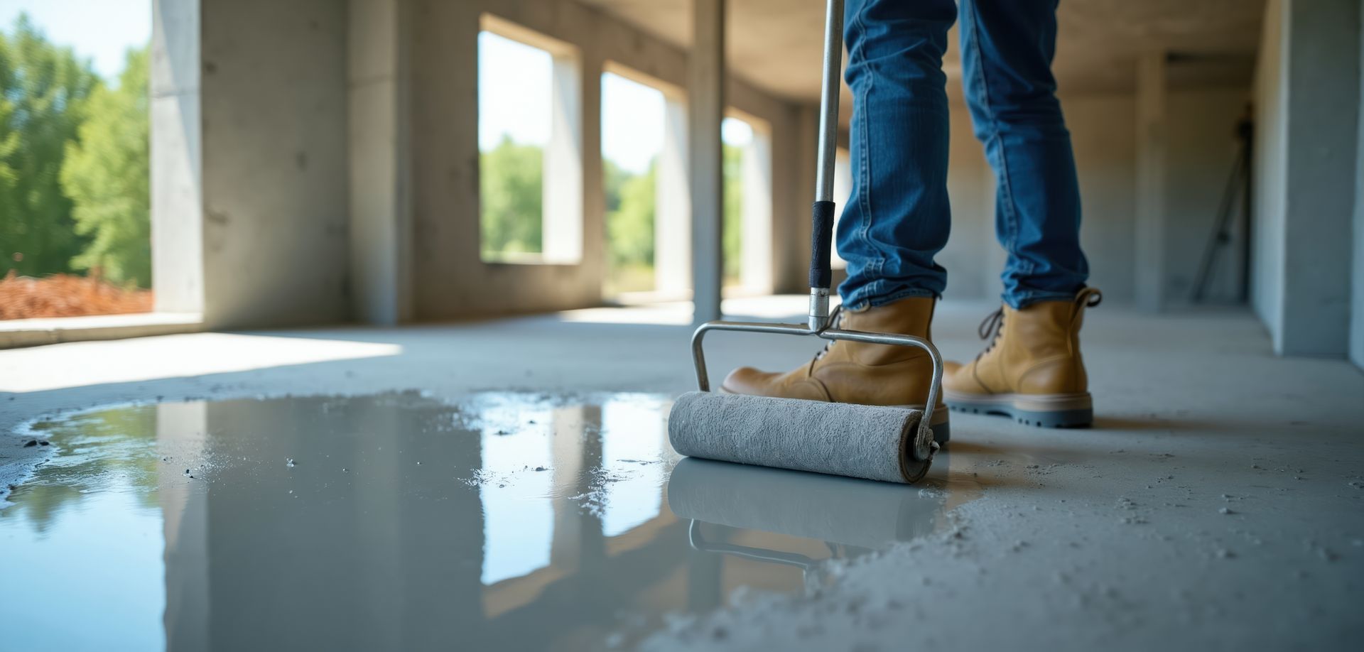 Waterproofing contractor rolling sealant onto a concrete basement floor beside a puddle of water