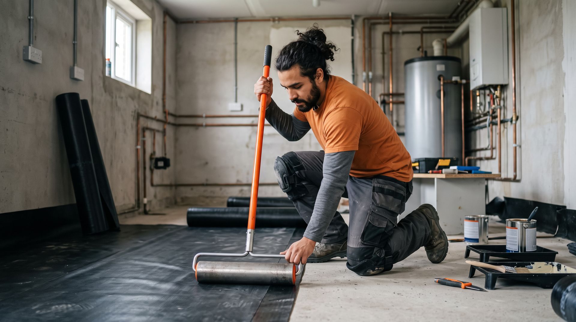 Worker applying interior basement waterproofing membrane Worker applying interior basement waterproofing membrane