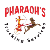 Pharaoh&rsquo;s Trucking Services logo with red text and an Egyptian chariot scene with a horse and archer