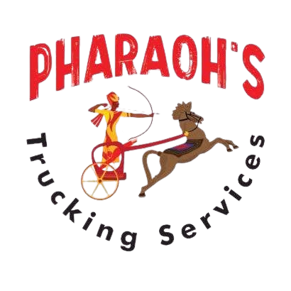 Pharaoh&rsquo;s Trucking Services logo with red text and an Egyptian chariot scene with a horse and archer