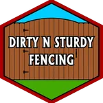 A logo for Dirty N Sturdy Fencing with a wooden fence and grass.