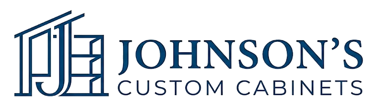 Johnson's Custom Cabinets logo in navy blue with a stylized cabinet icon