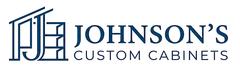 Johnson's Custom Cabinets logo in navy blue with a stylized cabinet icon