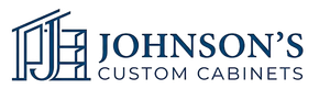 Johnson's Custom Cabinets logo in navy blue with a stylized cabinet icon