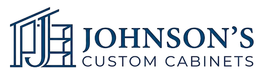 Johnson's Custom Cabinets logo in navy blue with a stylized cabinet icon