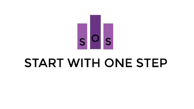 Logo: purple bars above "SOS" lettering and text "START WITH ONE STEP."